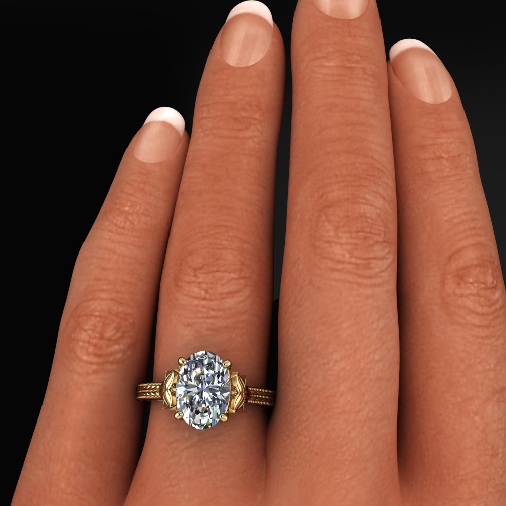 2.5 carat oval lab diamond ring with a tiger lily detail, hand model view