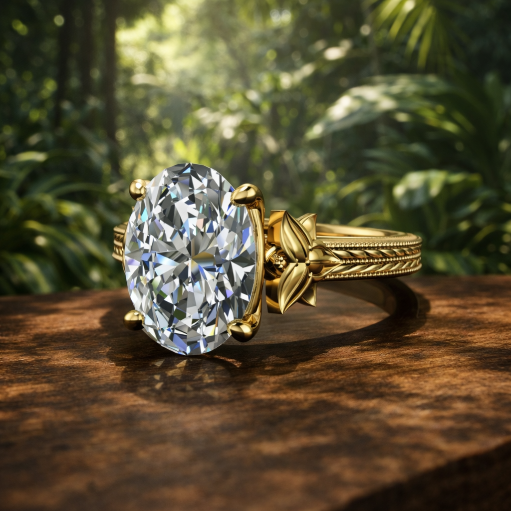 2.5 carat oval lab diamond ring with a tiger lily detail on a wooden table in a jungle