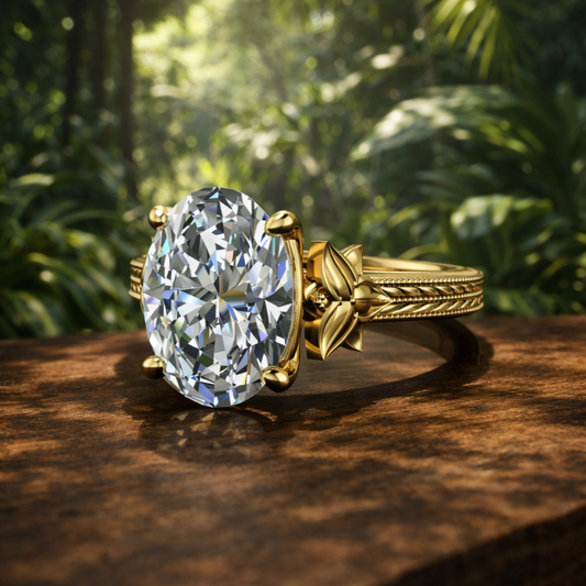 2.5 carat oval lab diamond ring with a tiger lily detail on a wooden table in a jungle