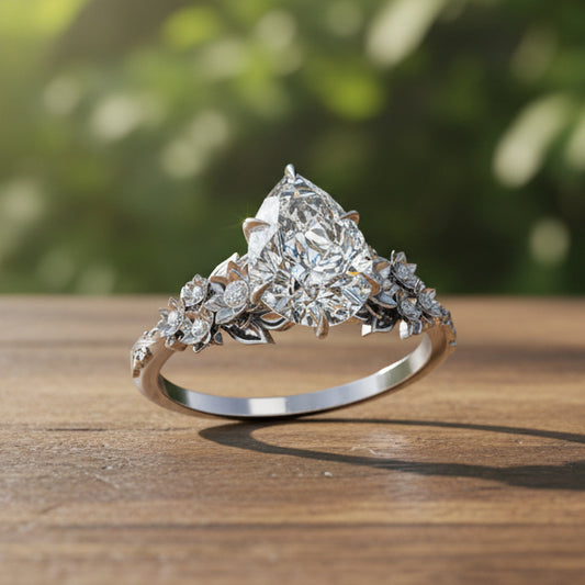 Diamond ring with floral design on a black background