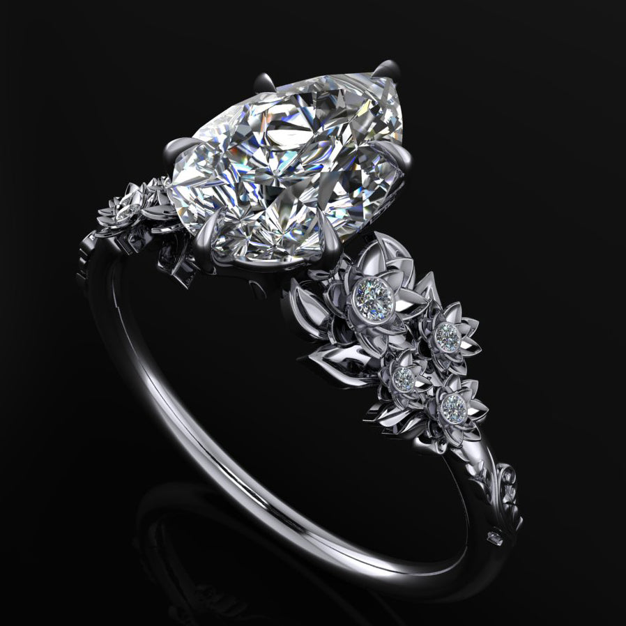 camilla ring - pear moissanite engagement ring, floral inspired ring - J Hollywood Designs