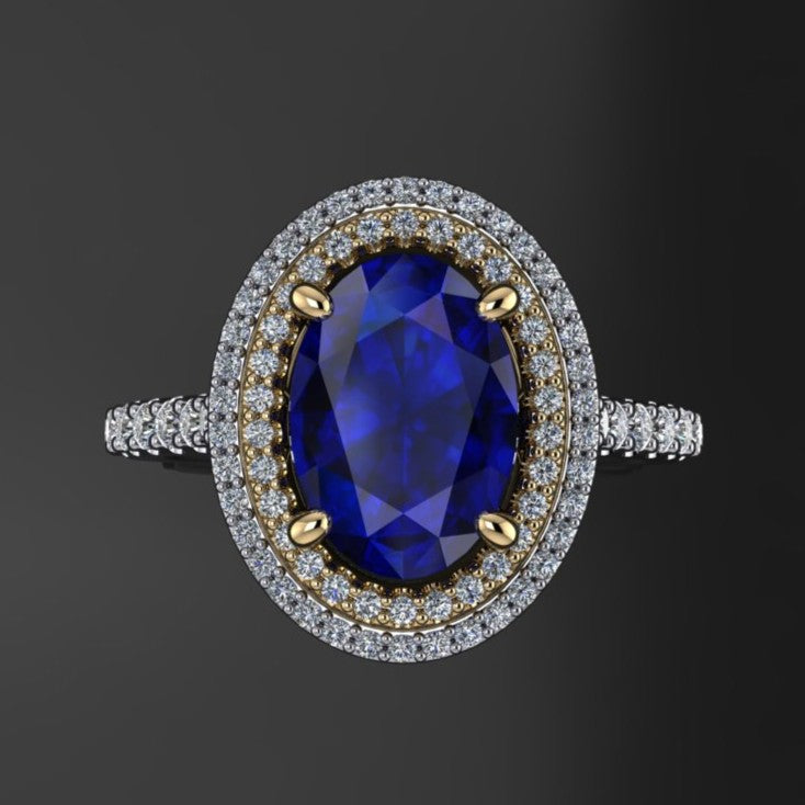 2.5 carat oval blue moissanite ring with a double halo with diamonds - top view