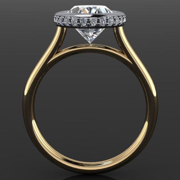 2 carat oval lab grown diamond, bezel set side halo engagement ring, profile view