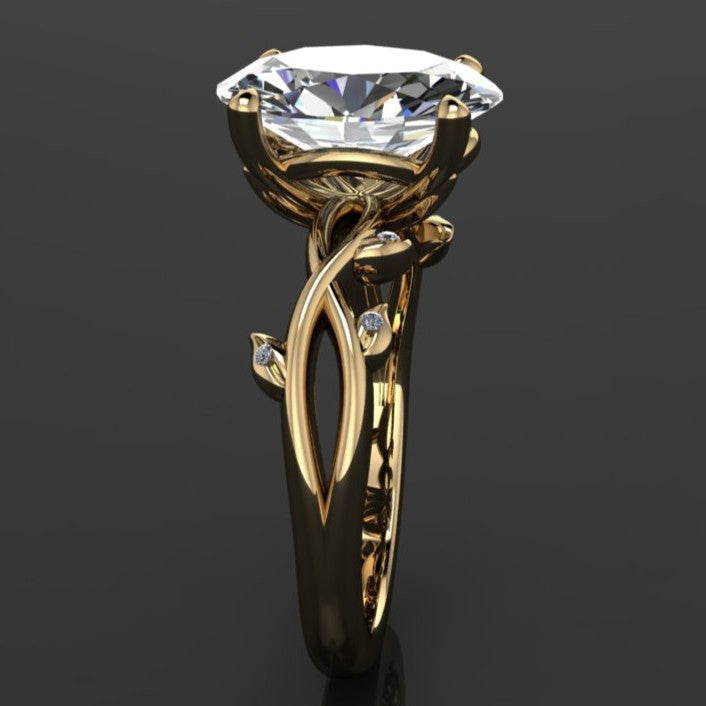 2 carat oval lab created diamond ring with leaf details - side view