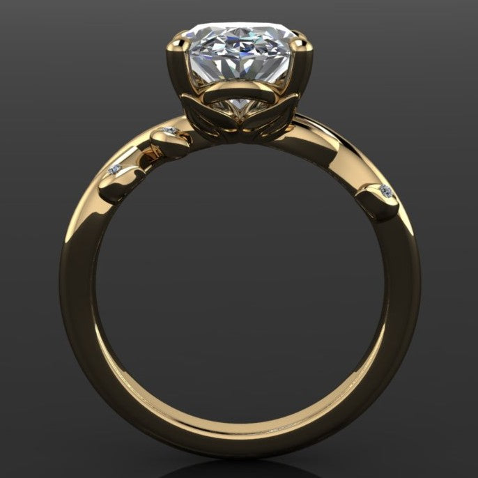 2 carat oval lab created diamond ring with leaf details - profile view