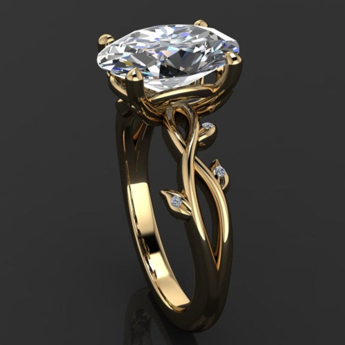 2 carat oval lab created diamond ring with leaf details - angle view