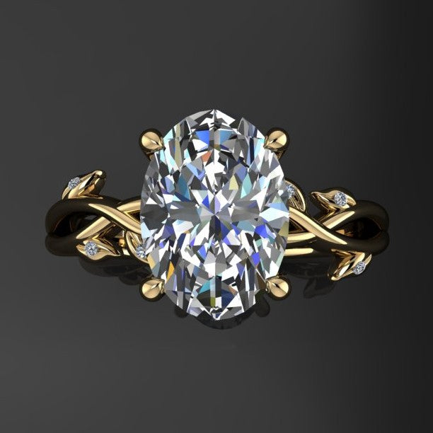 2 carat oval lab created diamond ring with leaf details - top view
