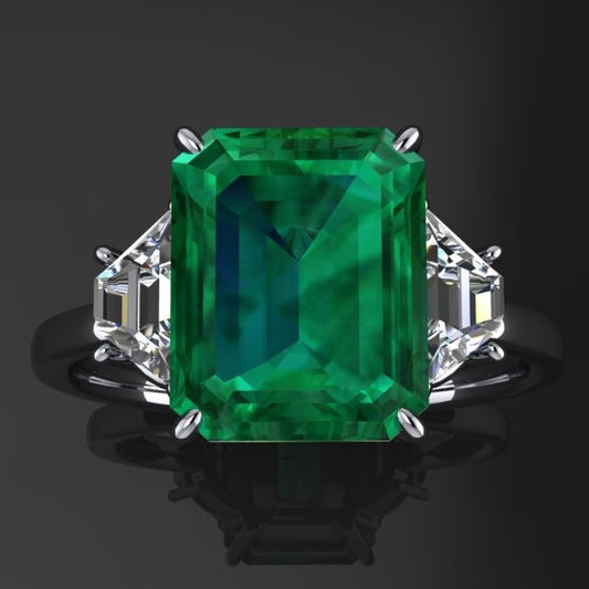 3.5 carat green emerald three stone ring, top view