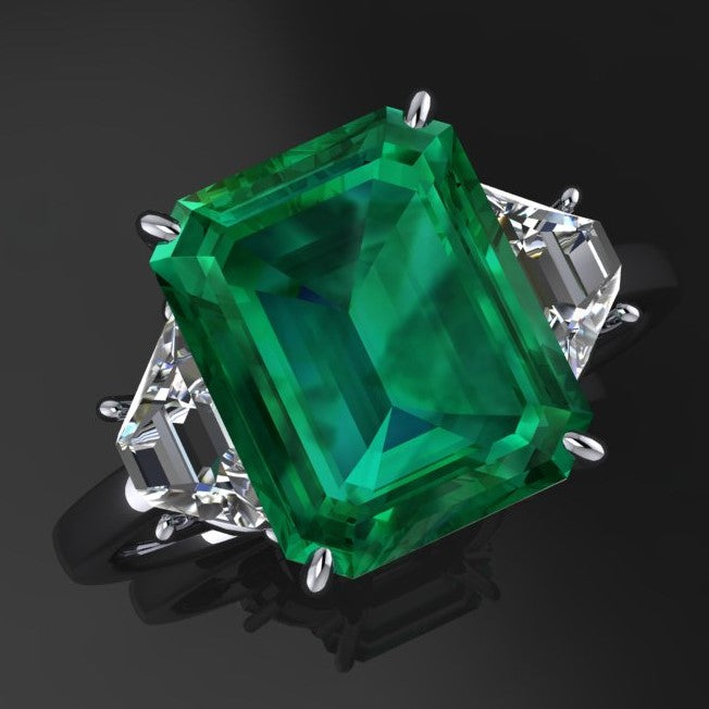 3.5 carat green emerald three stone ring, angle view