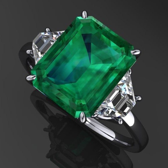 3.5 carat green emerald three stone ring, alternative view