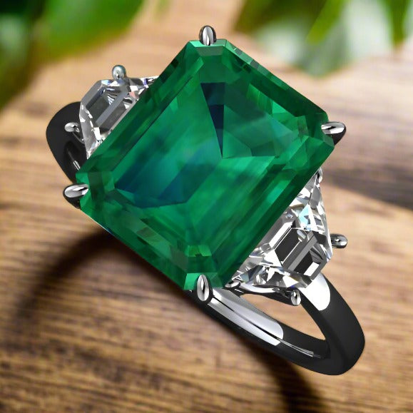 3.5 carat green emerald three stone ring, alternative view