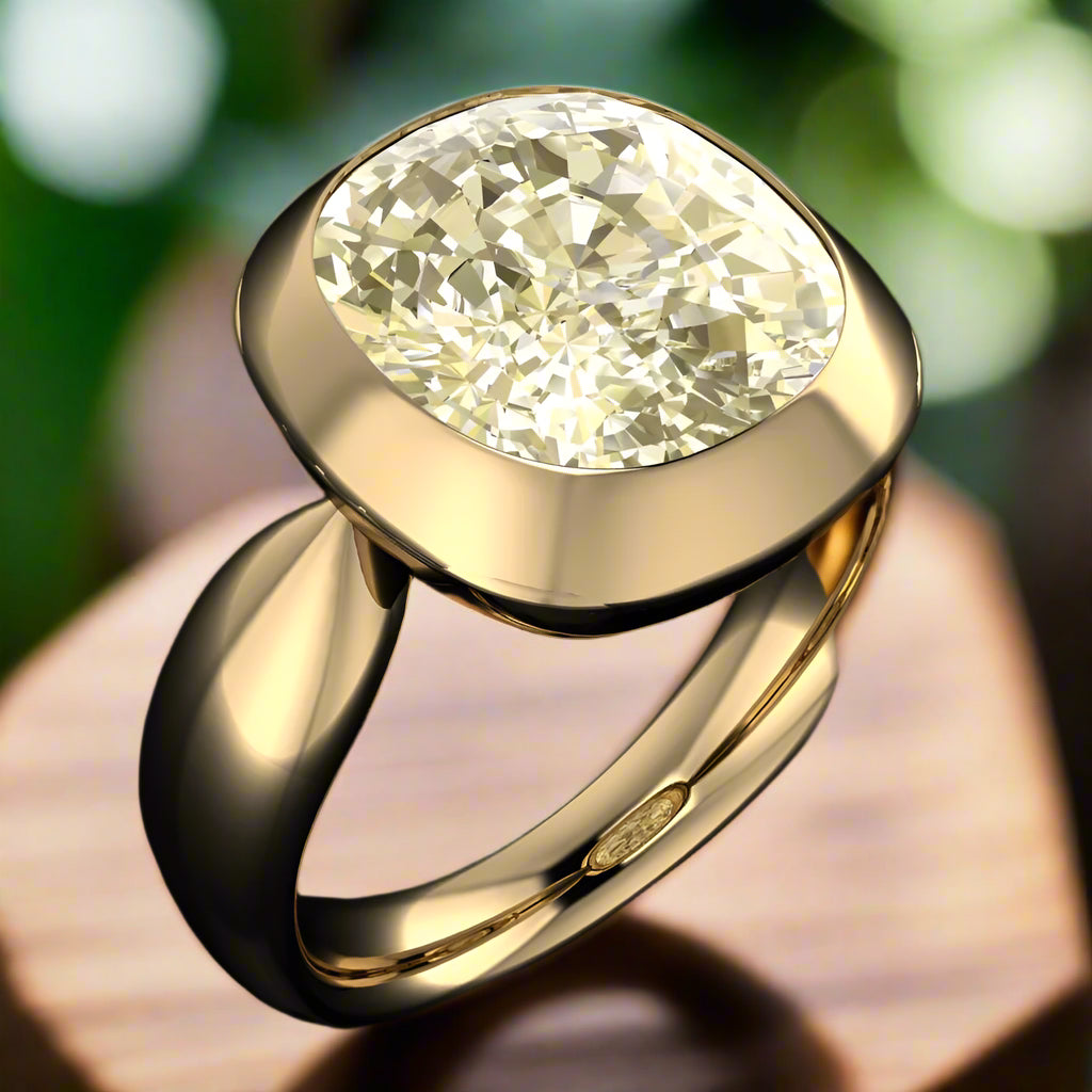 tallulah ring - old mine cut cushion soft yellow moissanite, statement ring - angle view