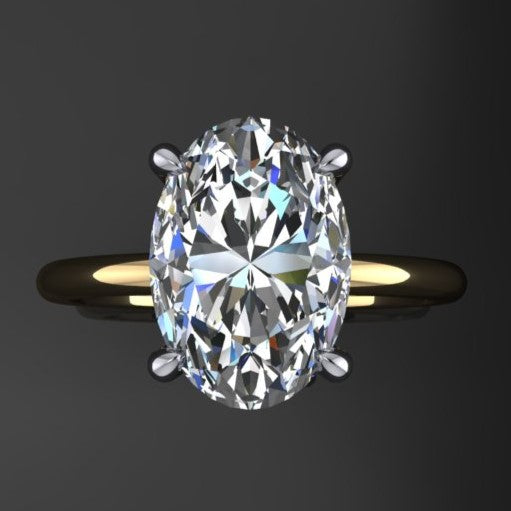 3 carat lab grown diamond oval engagement ring with a hidden side halo, top view