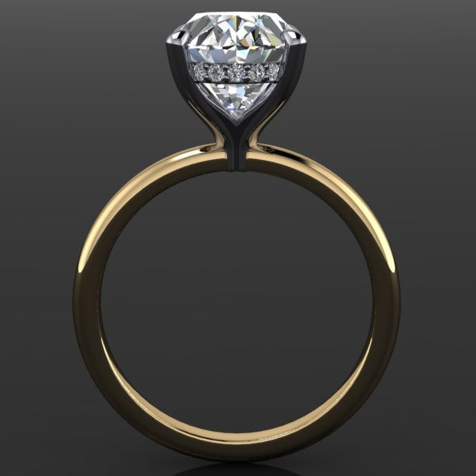 3 carat lab grown diamond oval engagement ring with a hidden side halo, profile view
