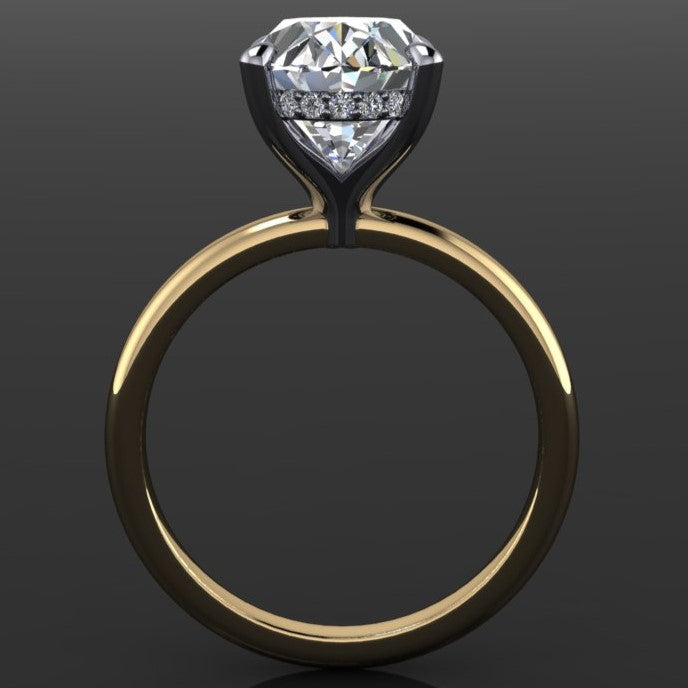 2.5 carat lab grown diamond oval engagement ring with a hidden side halo, profile view