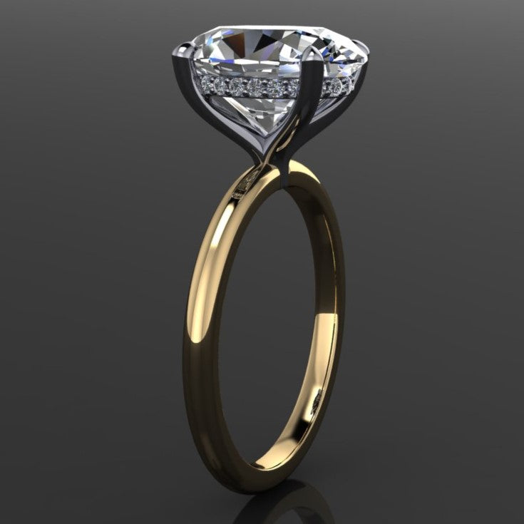3 carat lab grown diamond oval engagement ring with a hidden side halo, side profile 