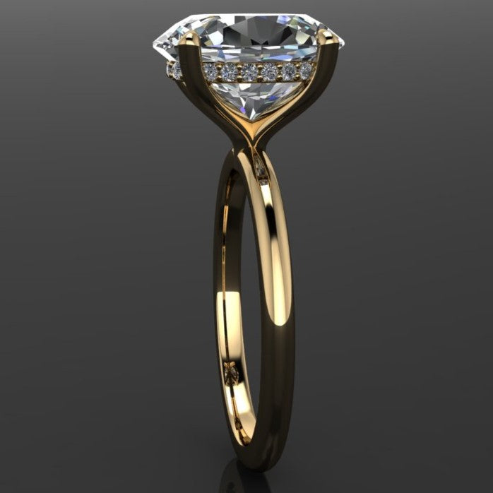 3 carat lab grown diamond oval engagement ring with a hidden side halo, halo view