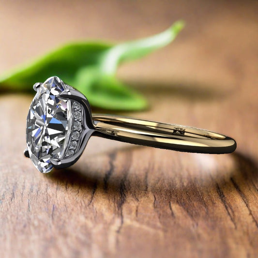 2.5 carat lab grown diamond oval engagement ring with a hidden side halo, side view