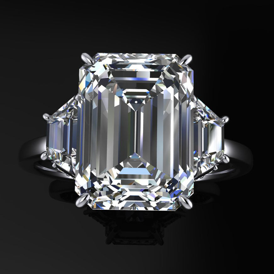 demi ring - 4.3 carat emerald cut and trapezoid engagement ring, side halo - top view