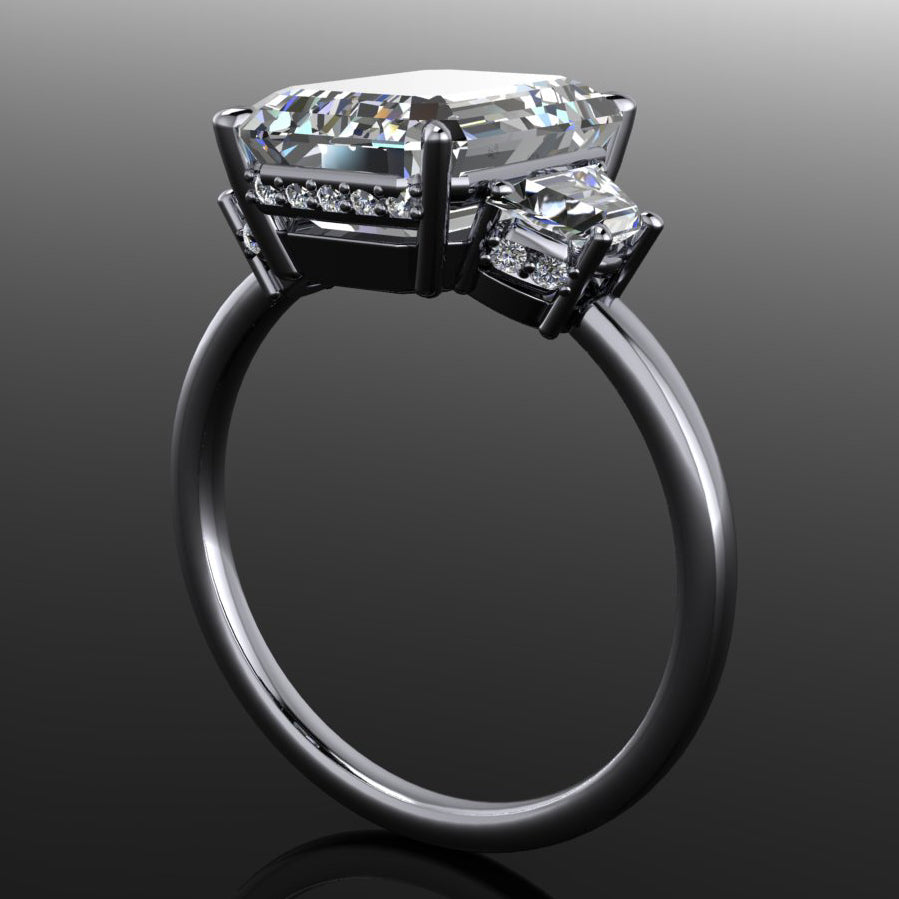 demi ring - 4.3 carat emerald cut and trapezoid engagement ring, side halo - side view