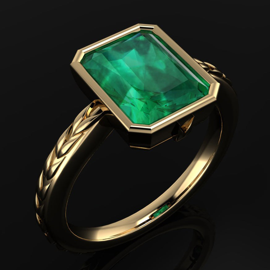 Five carat green moissanite bezel ring - angle