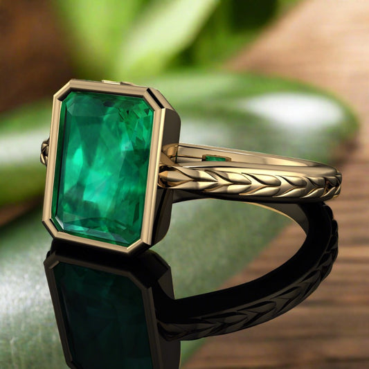 Five carat green moissanite bezel ring - flat view