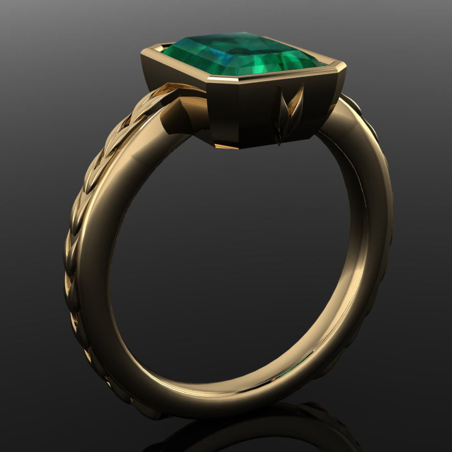 Five carat green moissanite bezel ring - side view