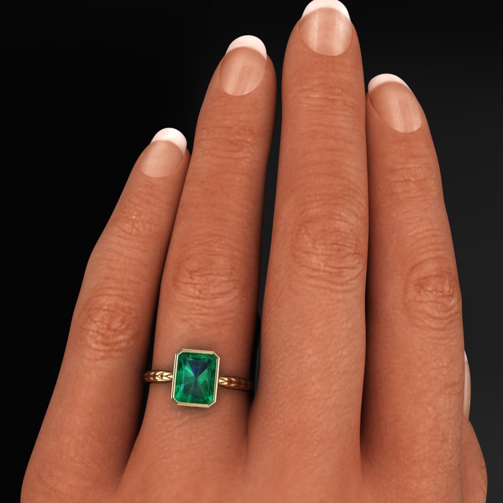 Five carat green moissanite bezel ring - model shot