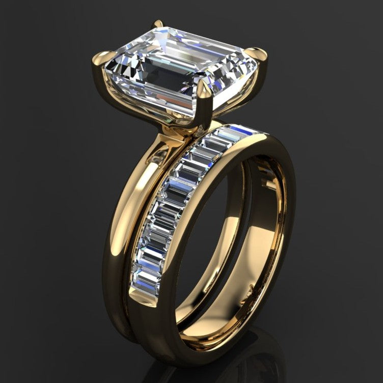 Gold ring with a 5 carat moissanite emerald solitaire center with a channel set baguette moissanite ring on a black background