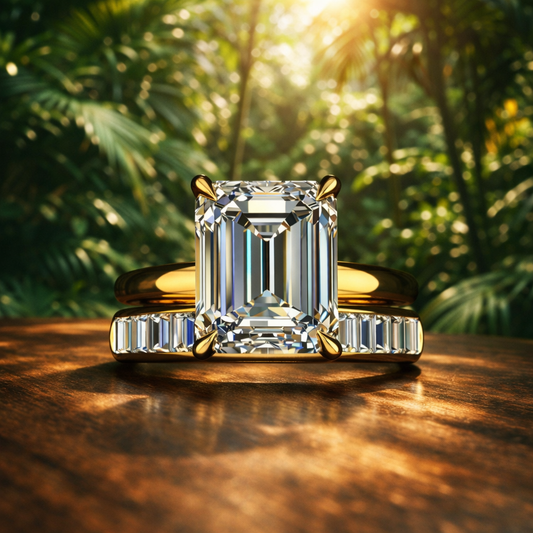 Gold ring with a 5 carat moissanite solitaire with a channel set moissanite band on a wooden surface with a natural background