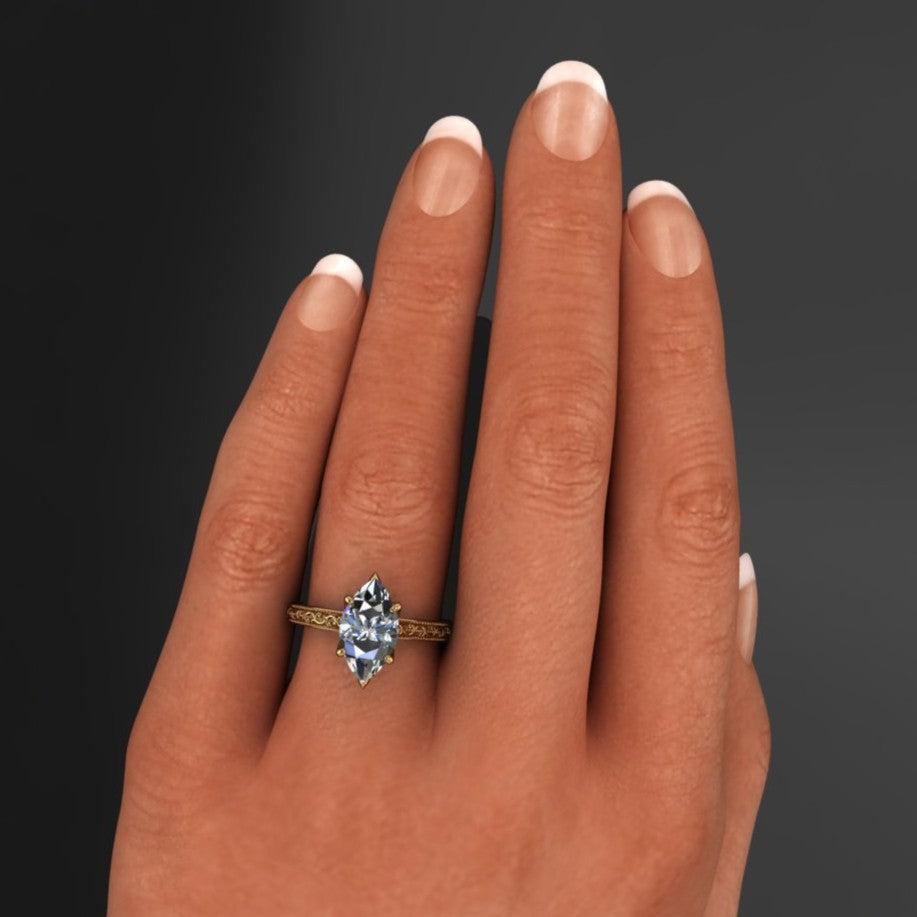 2 carat marquise lab diamond engagement ring, 18k gold ring - perla ring with overlapping prongs