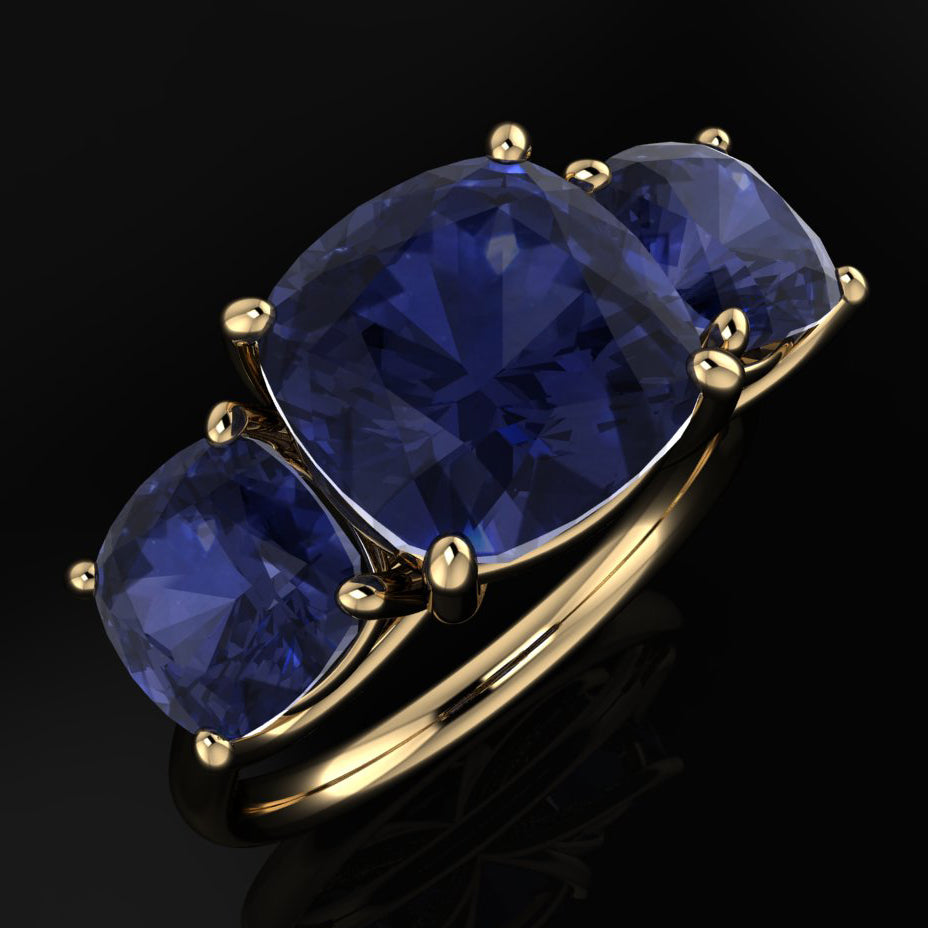 20 carat cushion sapphire and gold ring - angle view