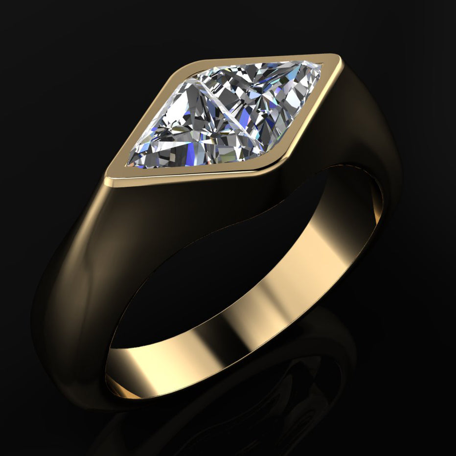 lozenge or kite shaped lab grown diamond bezel engagement ring - angle view