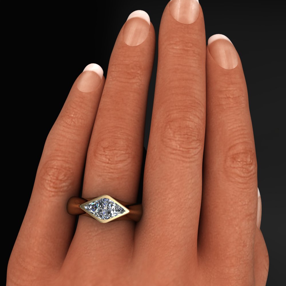 lozenge or kite shaped lab grown diamond bezel engagement ring - model shot on a hand