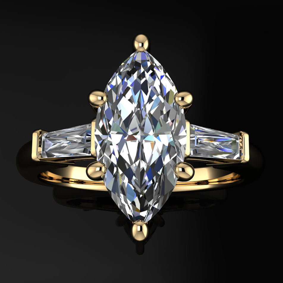 laurel ring – marquise moissanite engagement ring, baguette ring, past present future, 3 stone ring - J Hollywood Designs