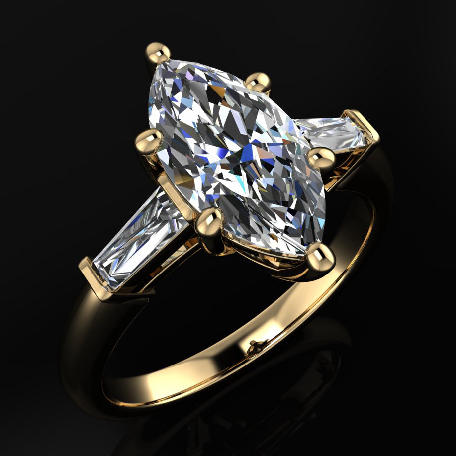 laurel ring – marquise moissanite engagement ring, baguette ring, past present future, 3 stone ring - J Hollywood Designs