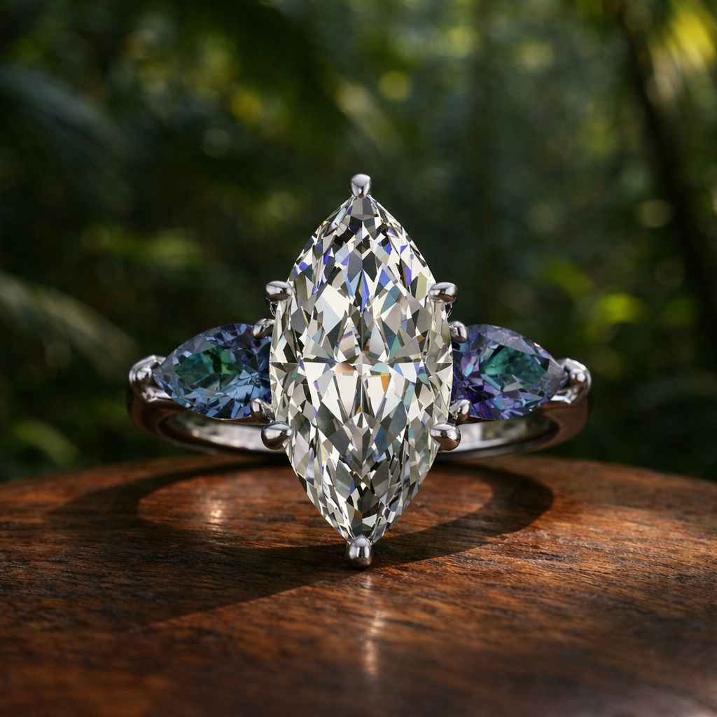 2 carat marquise moissanite three stone ring with lab created alexandrite side stones on a wooden surface with blurred greenery in the background