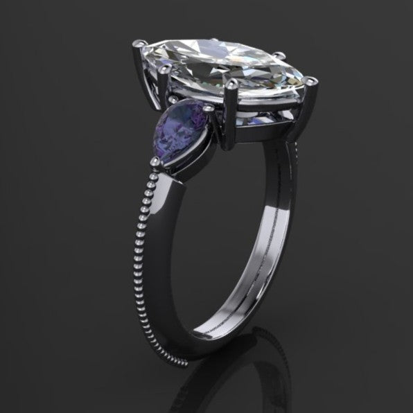 erica ring - 2 carat marquise moissanite engagement ring, lab created alexandrite side stones, 3 stone ring - J Hollywood Designs