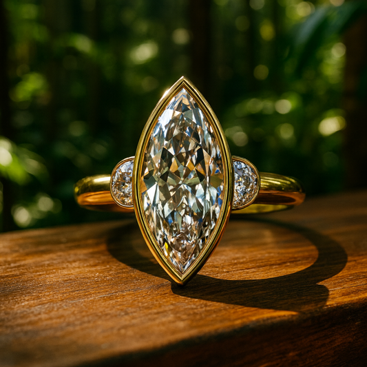 1.5 carat marquise lab grown diamond engagement ring, bezel set, past present future, 3 stone ring