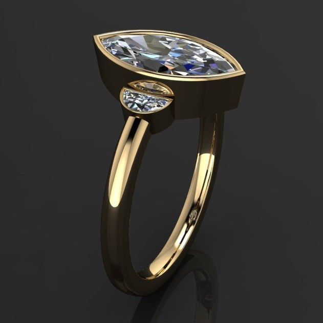 1.5 carat marquise lab grown diamond engagement ring, bezel set, past present future, 3 stone ring