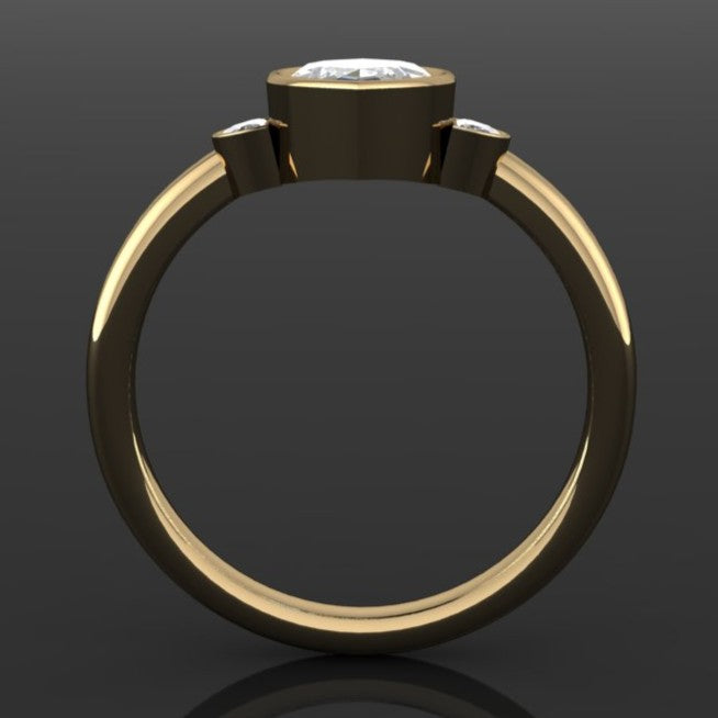 1.5 carat marquise lab grown diamond engagement ring, bezel set, past present future, 3 stone ring