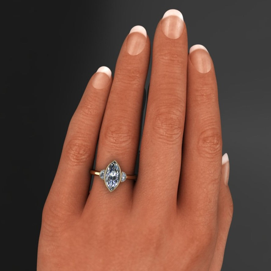 1.5 carat marquise lab grown diamond engagement ring, bezel set, past present future, 3 stone ring