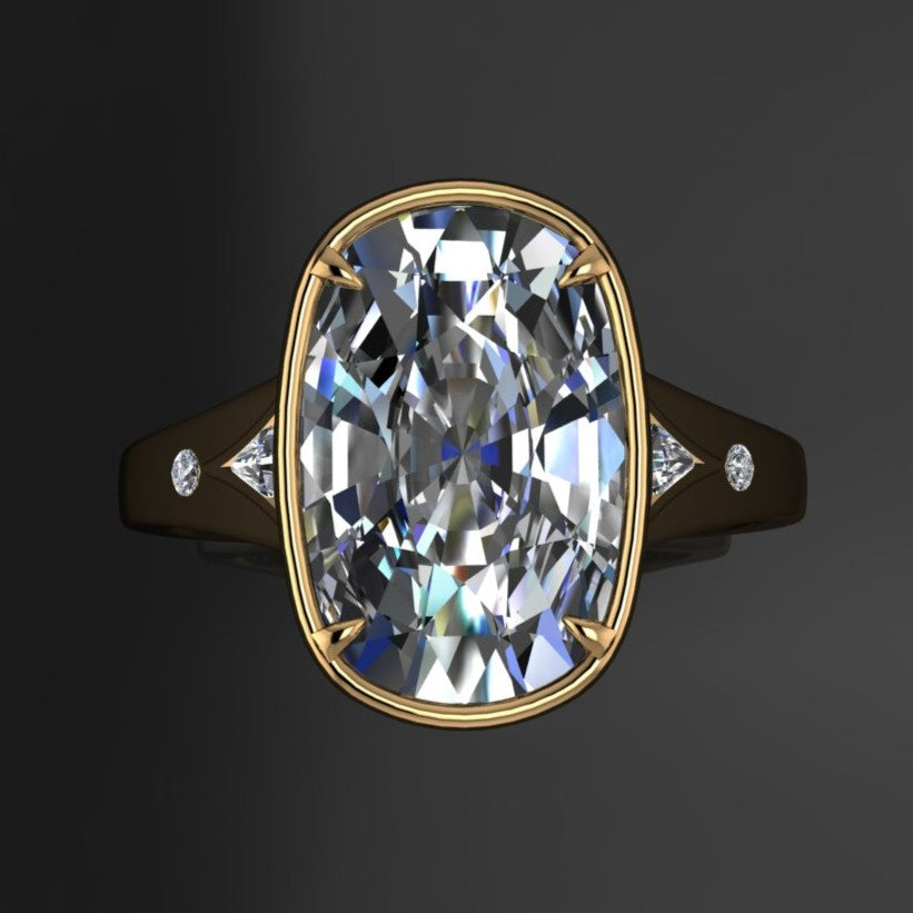 Taylor Swift inspired vintage engagement ring with a 6 carat antique cushion lab diamond, bezel set with petite claw prongs, Travis Kelce ring, Taylor Swift ring 2025 - top view