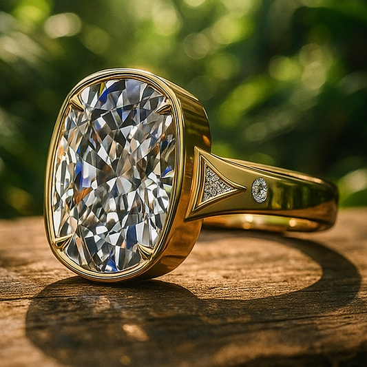 Taylor Swift inspired vintage engagement ring with a 6 carat antique cushion lab diamond, bezel set with petite claw prongs, Travis Kelce ring, Taylor Swift ring 2025 - laying flat on a wood table