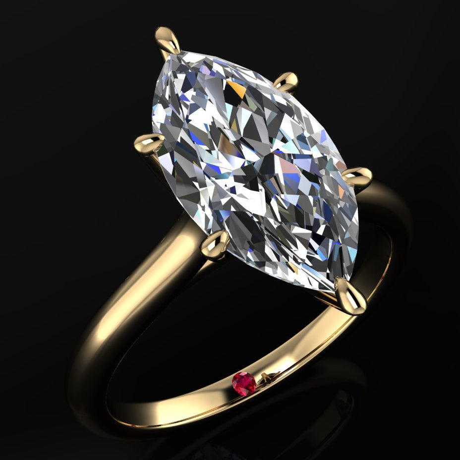 tommy ring - 3 carat marquise cut moissanite engagement ring, hidden red garnet birthstone, cathedral band