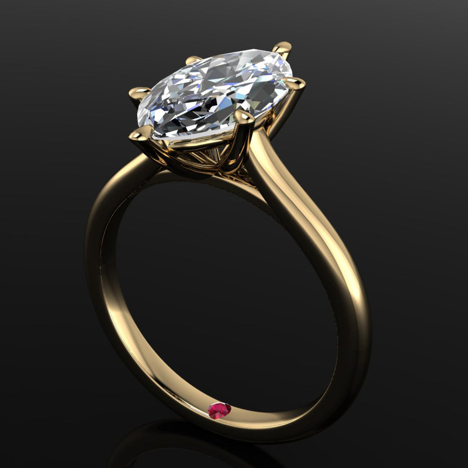 tommy ring - 3 carat marquise cut moissanite engagement ring, hidden red garnet birthstone, cathedral band