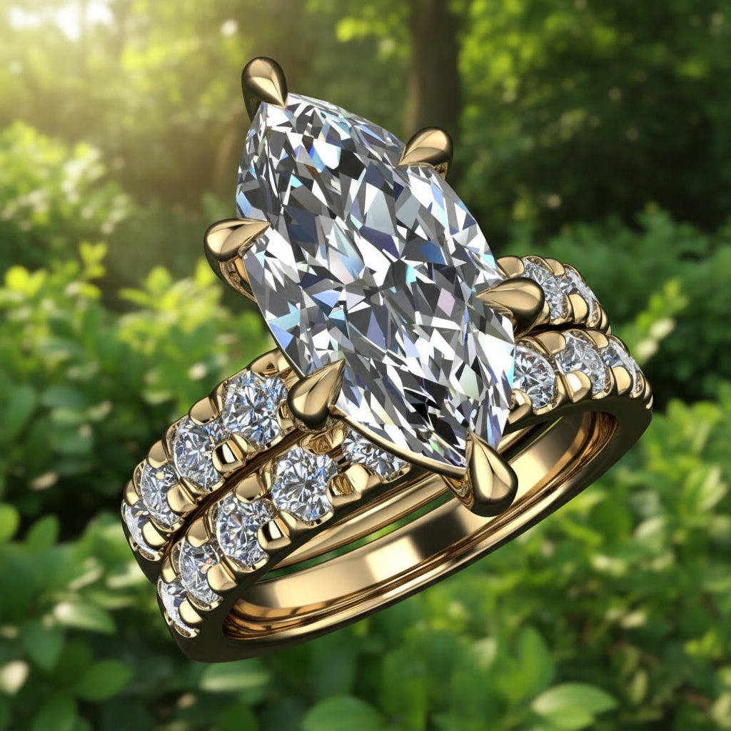 selena wedding set - 3 carat marquise lab diamond ring, matching wedding band