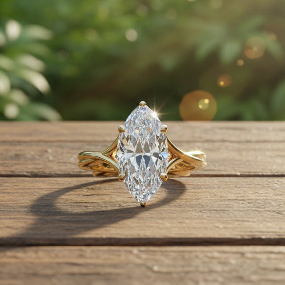 Gold ring with a large diamond on a black background