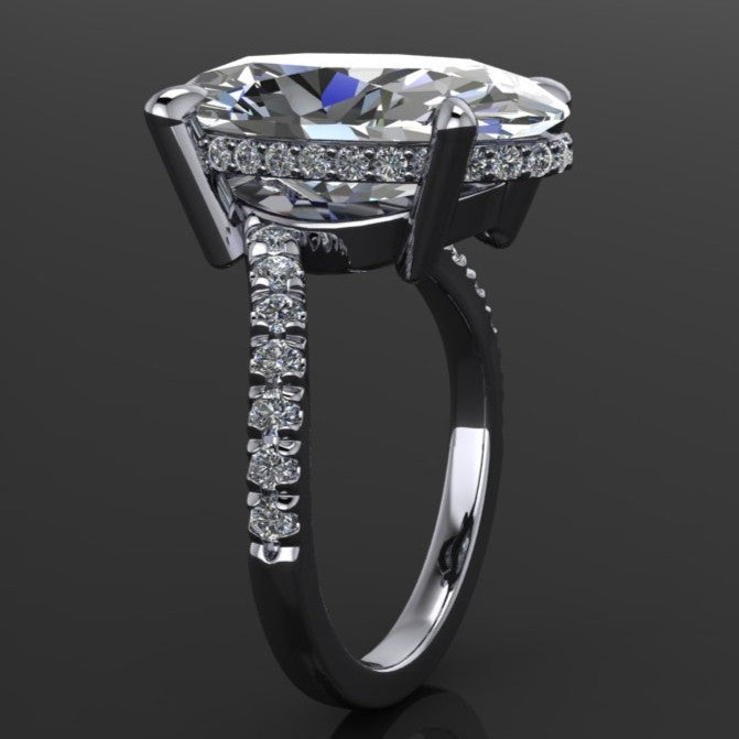 10 carat oval Sabalenka ring in lab created diamonds and platinum, tennis star engagement ring, diamond side halo - side angle view