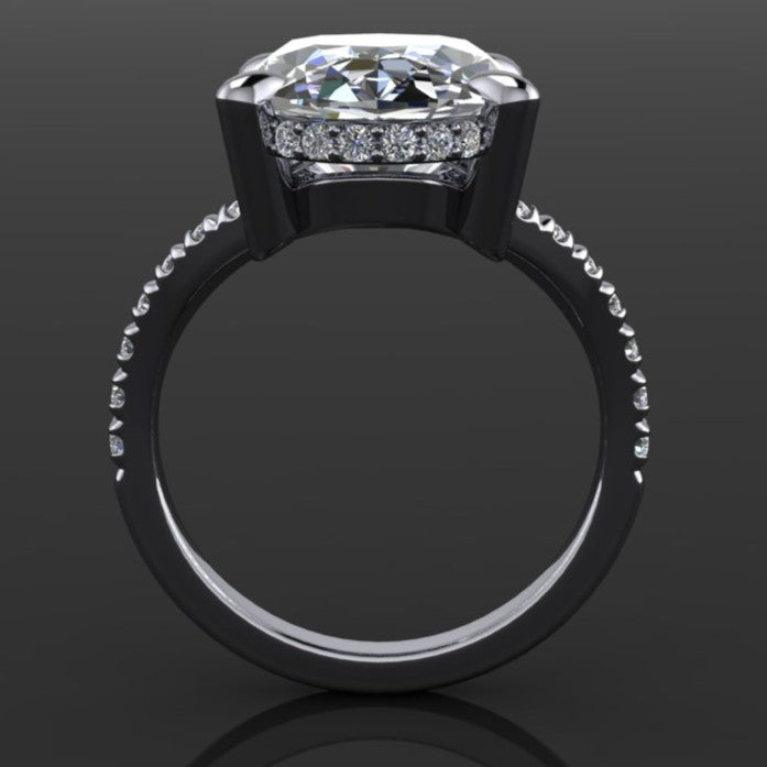 10 carat oval Sabalenka ring in lab created diamonds and platinum, tennis star engagement ring, diamond side halo - profile view